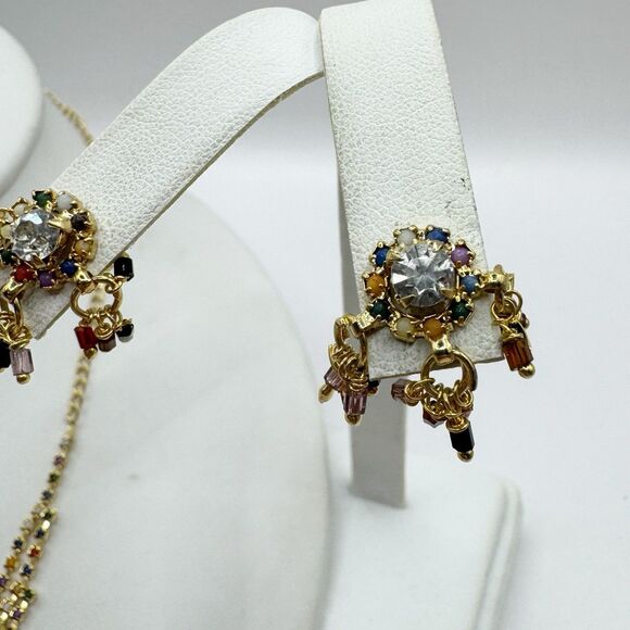 Colorful Bead And Rhinestone Gold Plated Bollywood Indian Necklace And Earrings - Picture 7 of 14